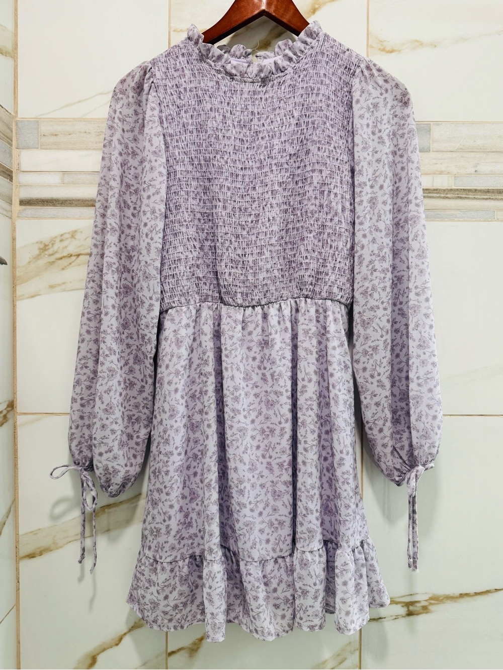 Vintage Cottagecore Lavender Floral Smocked Mini Dress Prairie Romantic Small - Picture 4 of 14